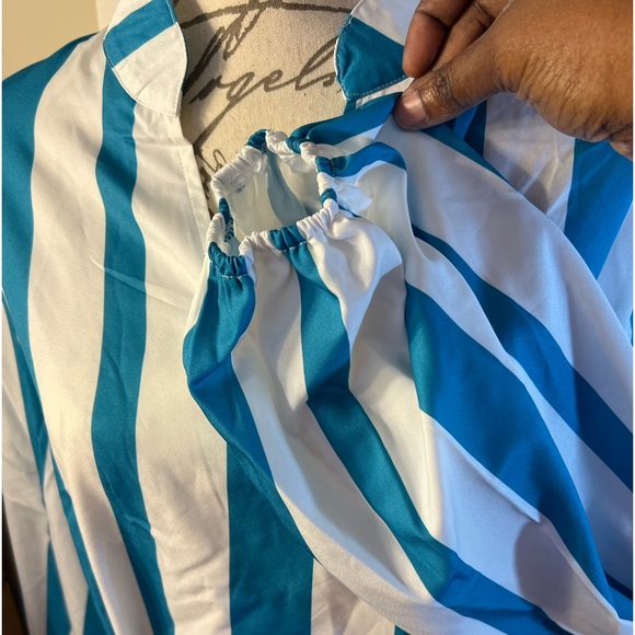 Women’s plus size teal blue & white striped belted long sleeve shirt dress XXL - Picture 7 of 12